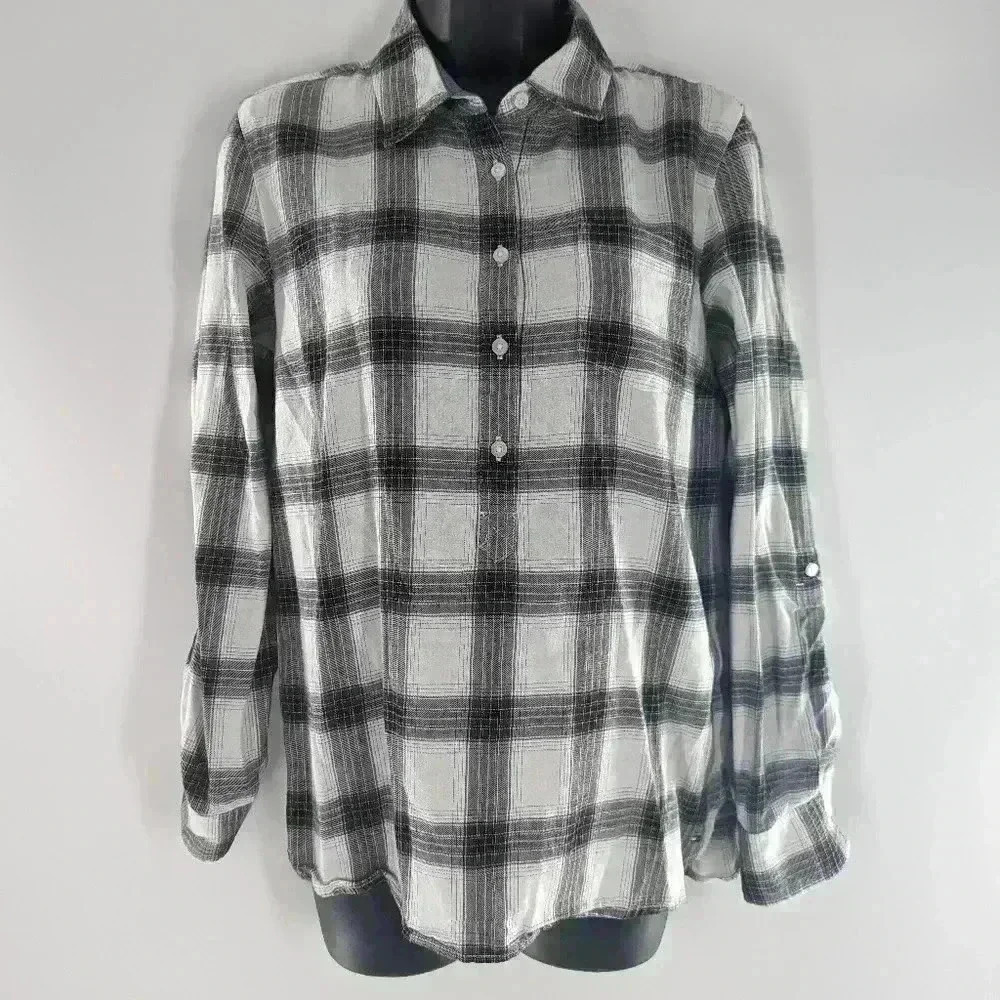 Tommy Hilfiger Womens Shirt Sz S/P Blue Plaid Flannel Long Sleeve